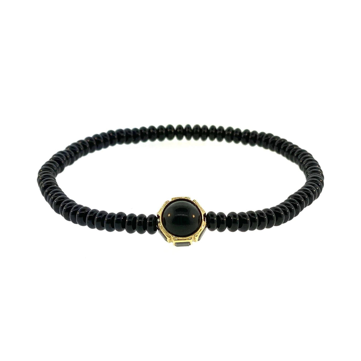 GOLD COLLAR WITH BLACK DIAMOND BAGUETTES, ONYX AND LABRADORITE CABACHONS ON GEMSTONE BEADED Marie France Van Damme Women's 6.5 