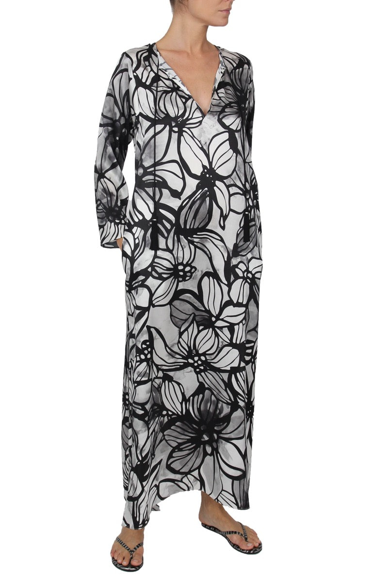 Long Hammer Dress Caftans Marie France Van Damme 0 Hibiscus White Black 