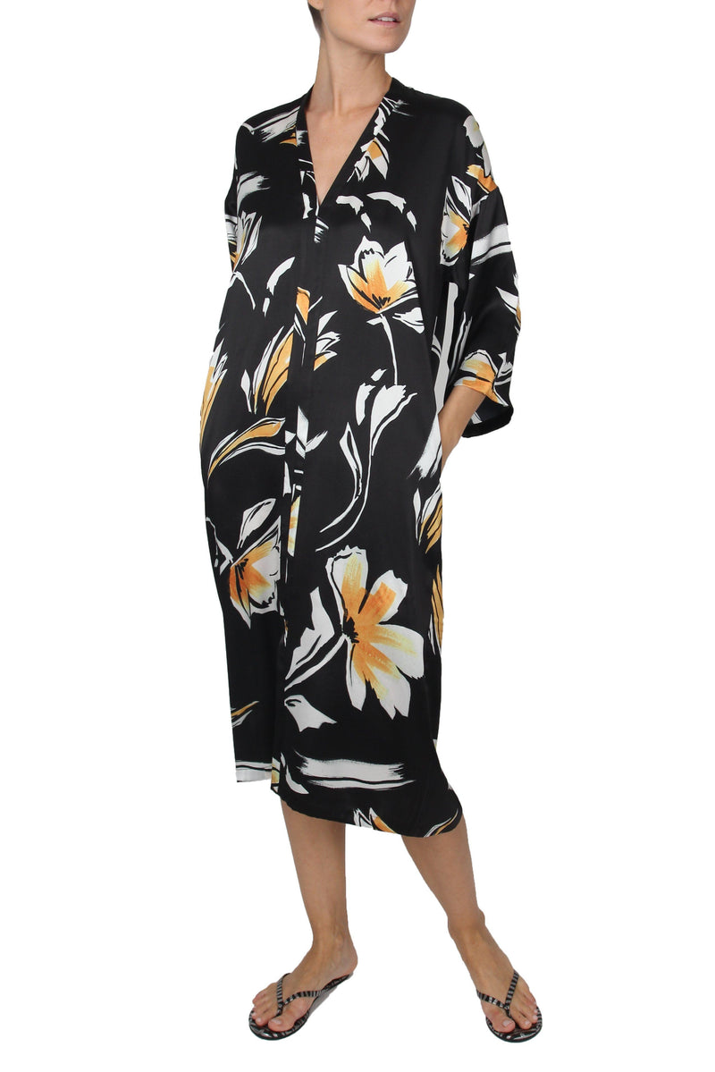 Long Sleeve Printed Midi Dress Dresses Marie France Van Damme 0 Brushstroke Black Gold 