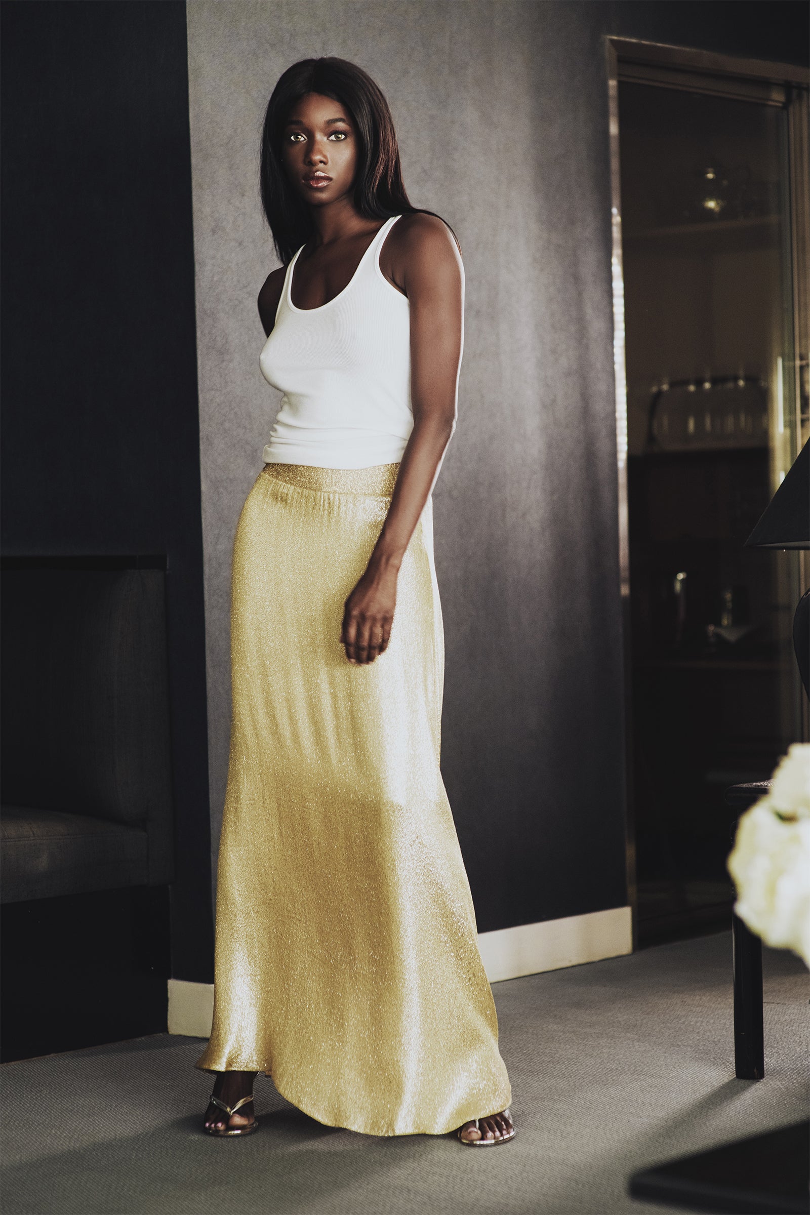 Metallic Silk Blend A Line Skirt
