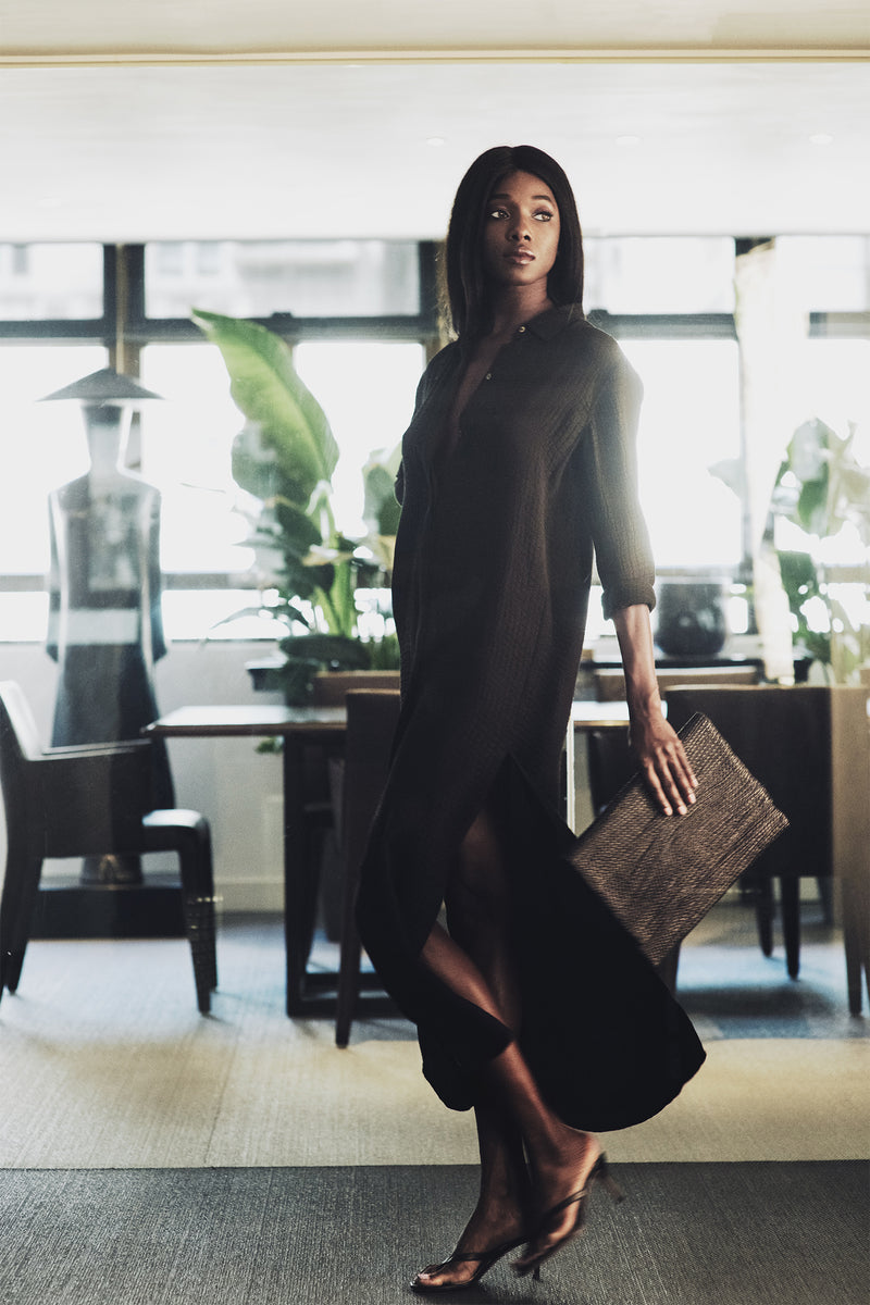 Silk Croco Jacquard Maxi Button Down Shirt Dress