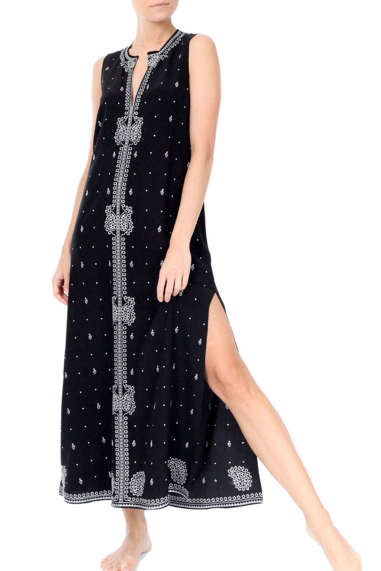Rain Drop Lurex Embroidery Sleeveless Long Dress Tunics Marie France Van Damme 0 Black Silver 