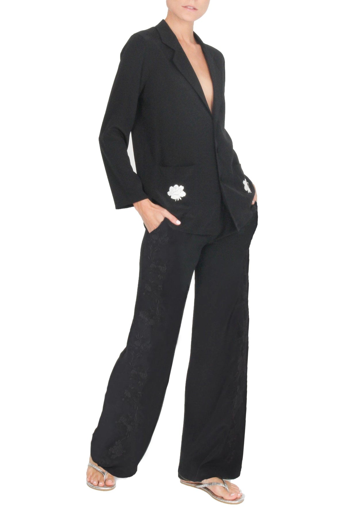 Rose Embroidered Pyjama Pants Pants Marie France Van Damme 0 Black Black 