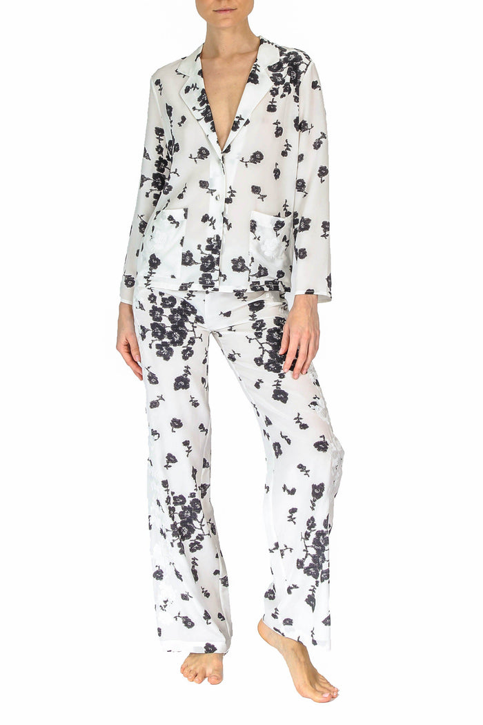 Short Blouse Top Marie France Van Damme 0 White Black Roses 