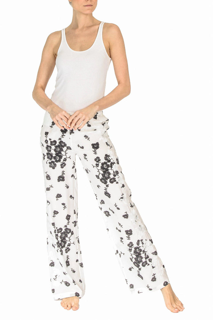 Silk Flare Pants Marie France Van Damme 0 White Black Small Flower 