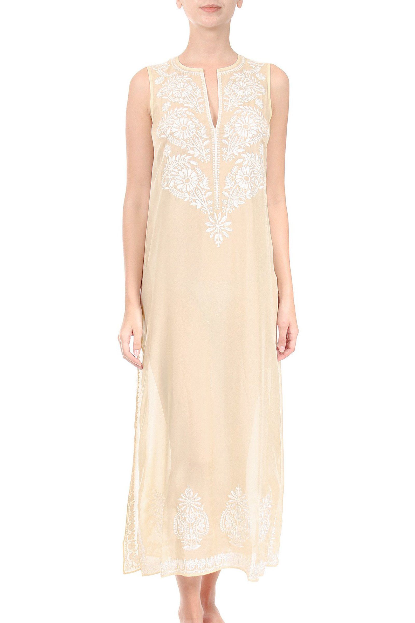 Sleeveless Long Embroidered Caftan Tunics Marie France Van Damme Gold White 0 
