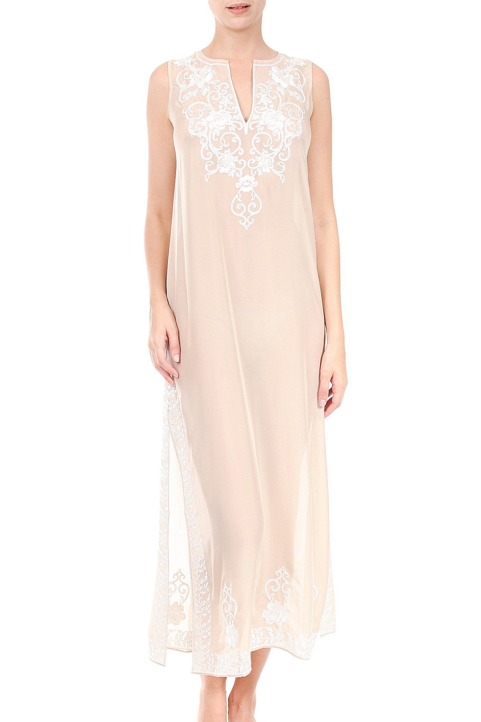 SLEEVELESS LONG EMBROIDERED CAFTAN Tunics Marie France Van Damme Nude White 0 