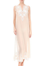 SLEEVELESS LONG EMBROIDERED CAFTAN Tunics Marie France Van Damme Nude White 0 