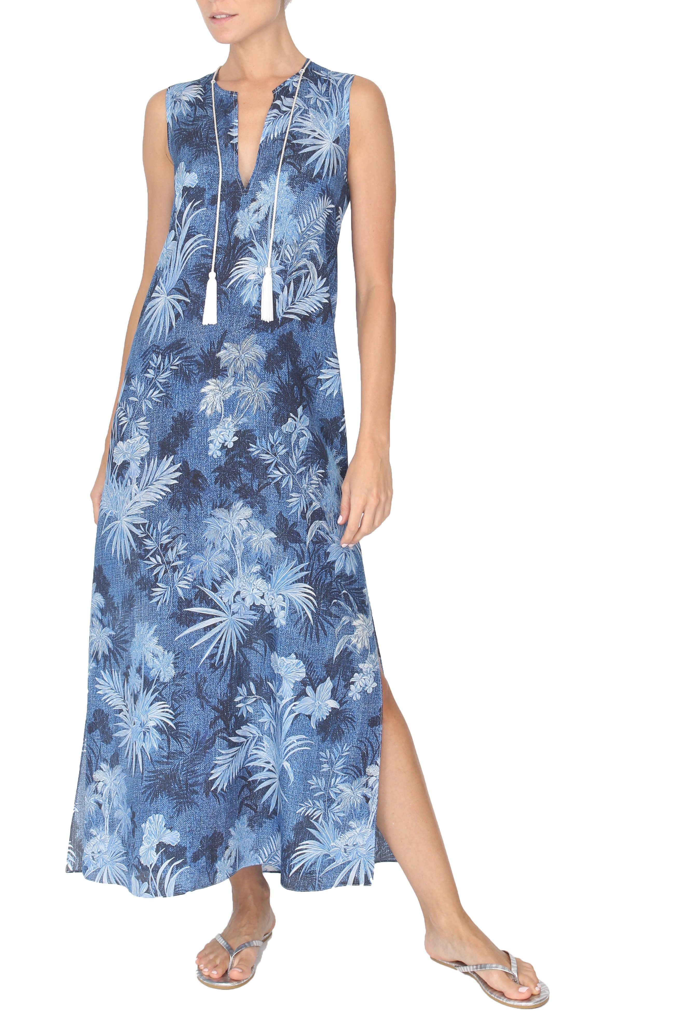 Sleeveless Palm Dress With Tassels Caftans Marie France Van Damme 0 Blue Palm 