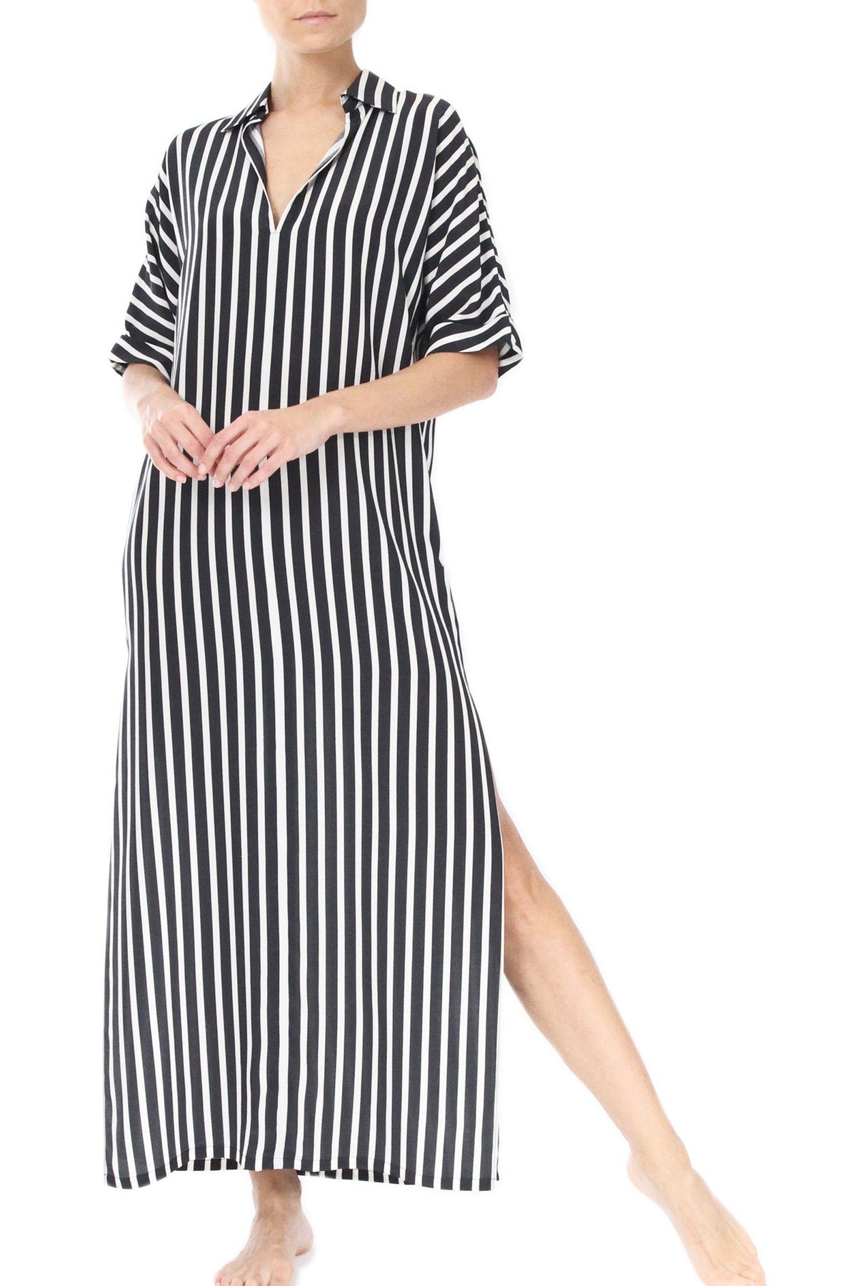 Striped Silk Crepe de Chine Caftan Marie France Van Damme 0 New Black White Stripe 