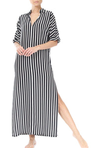 Striped Silk Crepe de Chine Caftan Marie France Van Damme 0 New Black White Stripe 