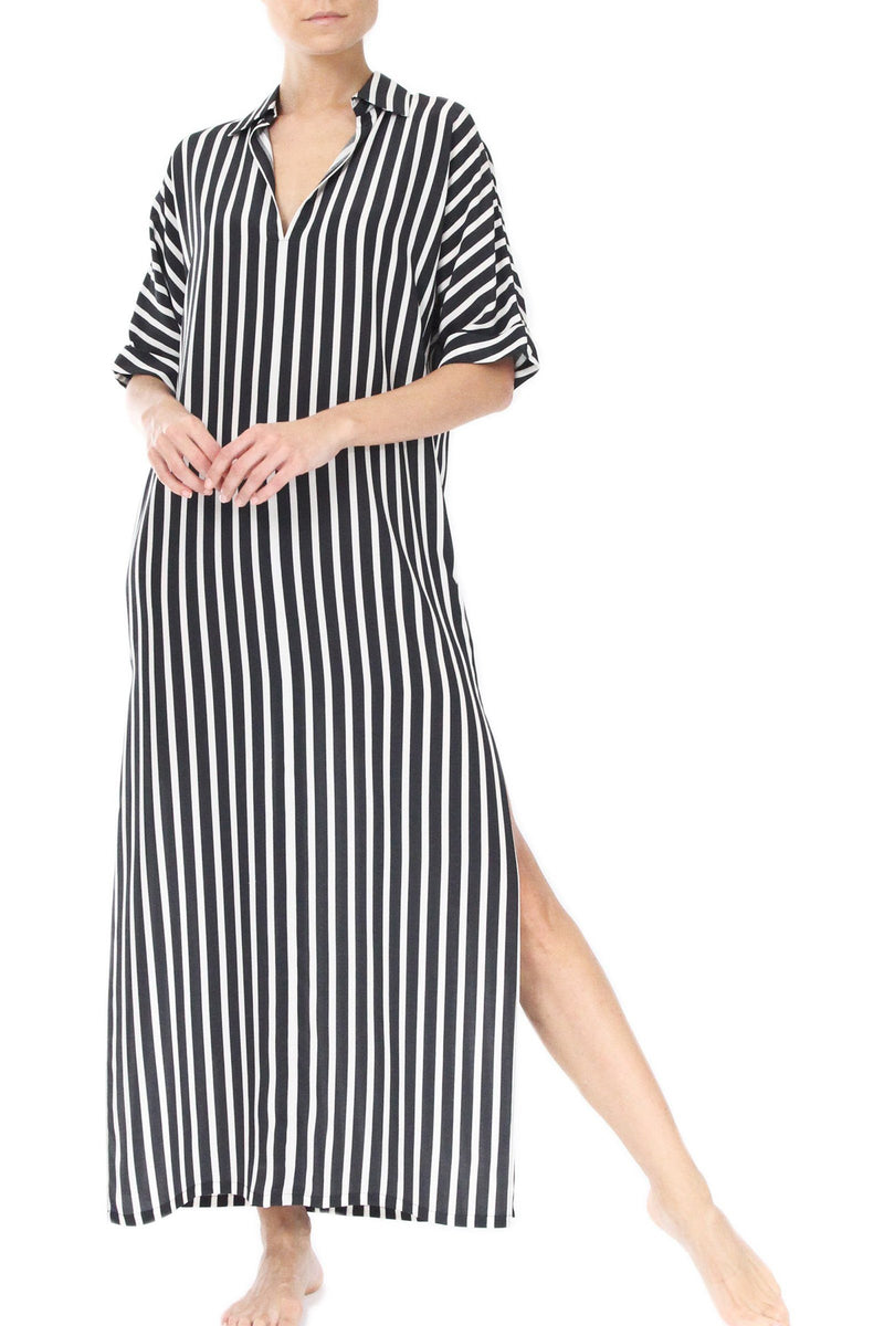 Striped Silk Crepe de Chine Caftan Marie France Van Damme 0 New Black White Stripe 
